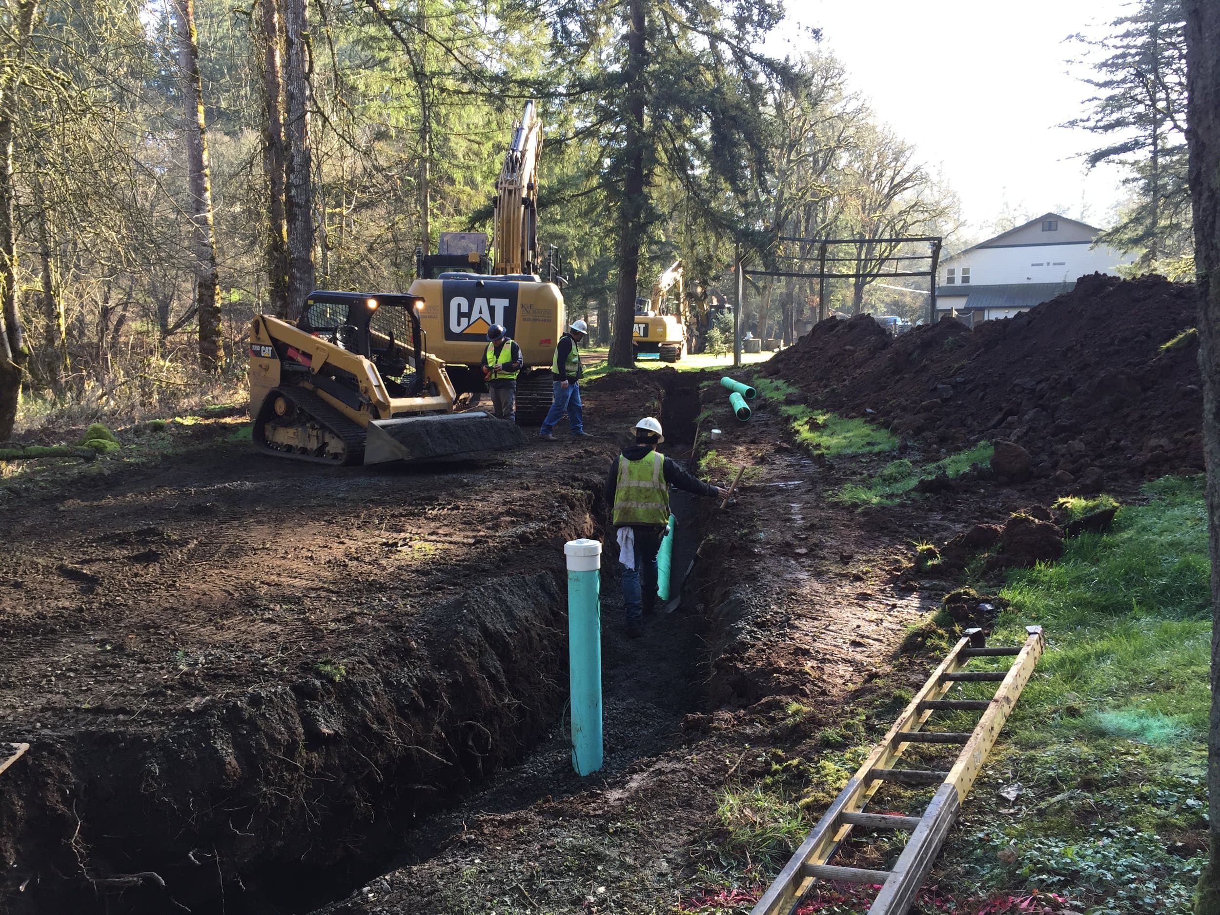 Excavators trenching a utility line through a wooded residential site.